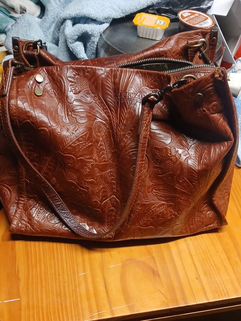 American Leather Embossed Floral Leather Tote Bag - Brown Missing Side Rivet